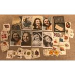 Film Star postcards, Deanna Durbin and Gloria Jeans together with silk cigarette cards, flags and