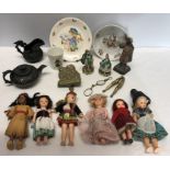 Miscellany to include vintage costume dolls, brass legs nutcrackers, spectacles, black basalt teapot