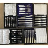 Selection of cased silver plated cake knives and forks some with mother of pearl handles, Viners,