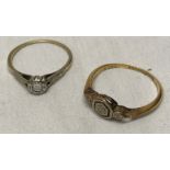 Two rings, 1 18ct gold a/f, 1.7gms, other 1.1gms marked 9ct set with clear stone.