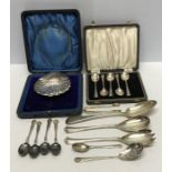 Silver dish, Sheffield 1913. 58.4gms together with various silver teaspoons, serving spoons, etc.