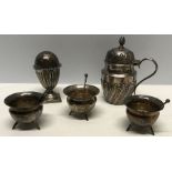 Three M and W hallmarked silver salts with spoons together with a hallmarked silver pepper pot and a