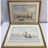 Pair Ken Wigg gilt framed watercolours. Sailing boats off Scarborough Harbour. 27 x36cms w.