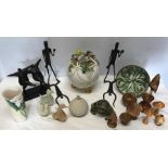 A mixed lot of 20thC items, decorative pot pouri vase, wrought metal figures, glass birds, treen,