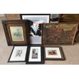 Five assorted framed prints inc coloured engraving, fish seller.