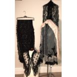 Long Victorian lace stole, a/f in places, Victorian black lace and bead shawl a/f in places, blue