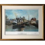 Town Dock Reflections, a signed Hull print by Adrian Thompson. 44 x 59cms.