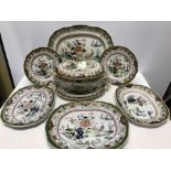 A 19thC Masons Ironstone china tureen and stand,a/f large platter 47 x 37cms, 1 smallest platter a/