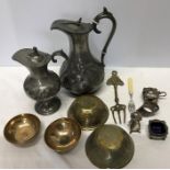 Box lot metalware including pewter jugs, brass bowls, plated cruet set, etc.