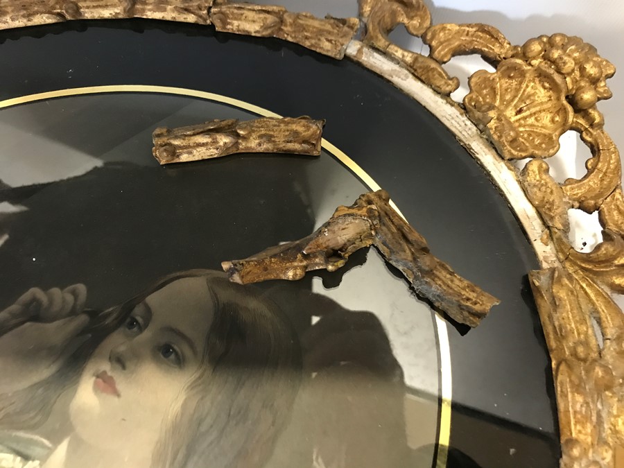 Oval decorative gilt picture frame a/f 48cms h x 36cms w with print of young lady and a smaller - Image 2 of 2