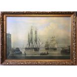 Large gilt framed print, The William Lee at the mouth of Humber Dock, Hull by John Ward. 55cms h x
