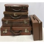 Four brown leather suitcases and 1 compressed board suitcase.