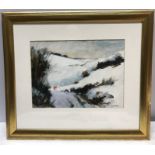Ken Bell framed mixed media on paper. Snow, High Dalby. 25 x 34cms.