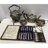 Silver plated ware, 3 piece tea set, spirit kettle on stand. Apostle spoons and cutlery set.