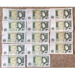 Fourteen British £1 banknotes. 13 x Jo Page cashier, 1 DHF Somerset. Good condition. (14)
