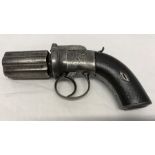 English C1840's 6 barrel 'Pepperbox' percussion pocket revolver, top hammer and slide safety