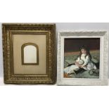 Decorative gilt picture frame, 43cms x 37cms with a framed oil on board, young girl with a doll.