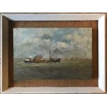 Framed oil painting on panel, George Odlin, Humber South Westerly, Trawlers. 17cms h x 26cms w.
