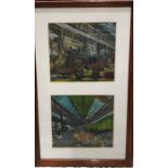 A framed pair of paintings, probably James Neal. Industrial interior scenes. Each 13cms h x 14cms w.