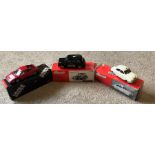 Three boxed diecast model cars, 2 x Someville 1/43 scale. Saab 92 Rally and Austin FX4 Taxi with a