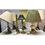 Six table lamps with shades inc a pair of brass lamps and a barley twist brass lamp together with