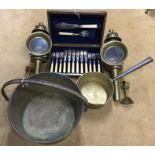 Pair of vintage brass coach lamps and stands, boxed fish knives/forks & servers, brass 14'' jam