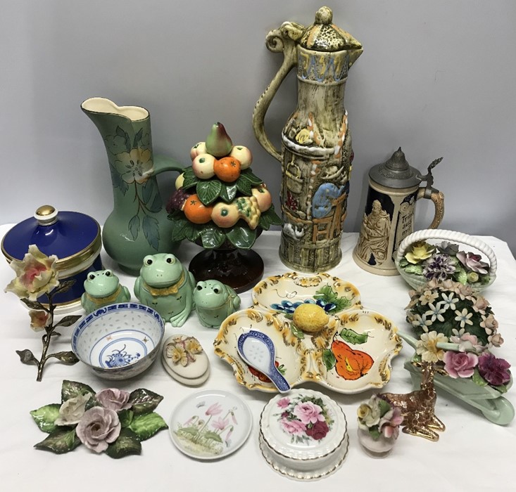 Assorted selection of pottery inc British and continental pottery, posies, stein mug, lidded jars