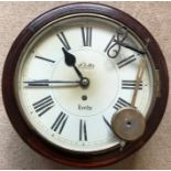 Mahogany cased circular single fusee wall clock. Pott's, Leeds. 25cms face diameter.