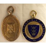 Two 9ct gold medals, East Riding County football association, county cup winners 1930/31 with E.R