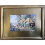 Gilt framed watercolour painting of cottage scene, W Harford, at Sidley Green, Sussex. 17cms h x