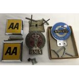 Car grill badges, Volvo Owners Club, BMA (British Medical Association) and 2 x AA grill badges.