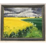 Tessa Fuchs framed oil painting on canvas, country scene fields of yellow, signed L.R. 40cms h x
