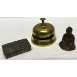 Brass desk bell together with a small Budha figure and a small silver plate box.