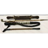 Wooden cased carving set, camel whip with mother of pearl inlay, small wooden axe and a long cane