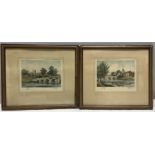 Pair of framed hand coloured engraving prints, signed J E Francis, Wallingford, Sonning Bridge.
