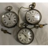 Hallmarked silver pocket watch, Kendal and Dent, London with two silver 935 pocket watches, 2 keys.