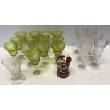 Good quality cut glass drinking glassware, set of 13 green glasses, 6 flute, 1 acid etched glass and