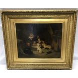 Oil on canvas cottage scene of child with dogs signed L.R. Physick (Edward Physick) 42 x 51cms.