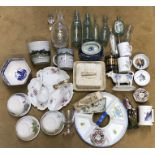 Ceramics and glassware selection, sardine dish, Ringtons bowl, entree dishes, cow creamer, mugs,