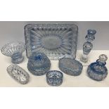 Blue leaded cut glass, 9 piece dressing table set.