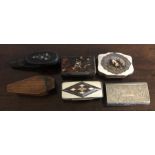 Six various snuff boxes and 1 good quality mother of pearl / silver purse.