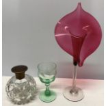 Three pieces glass including cranberry Jack in the Pulpit vase. 32cms h.