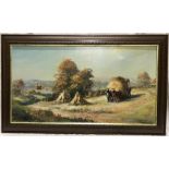 A framed oil painting on canvas signed Terry Burke, country scene harvest time. 41cms h x 76cms w.