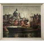 Framed oil painting on board H.Hudson Rodemel (1896-1984) l. RI. RSMA. ''Where Ships and City Meet''