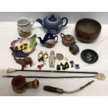 A mixed lot including Wedgwood Blue Jasper teapot, Cloisonne, miniature teapots, back scratchers,