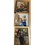 Three framed woolwork tapestry pictures, largest 49 x 40cms.