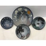 Tessa Fuchs art pottery bowl set, 4 pieces, large bowl approx 29cms w, a/f with hairline crack and 3