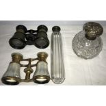 Two pairs opera glasses, a Chester silver topped scent bottle with hobnail cut glass base and a