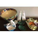 Royal Doulton fruit bowl, two onyx bookends, a Goss cup & saucer and two malachite dishes, Minton