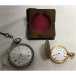 A ladies gold plated Waltham full hunter pocket watch, 4cms d and a silver 935 pocket watch 5cms